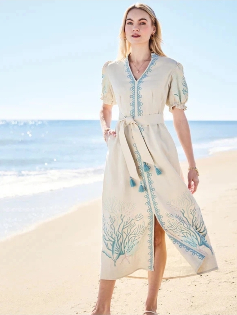 Spartina 449 Marilyn Linen Flax Embroidered Sea Coral Midi Dress Size XXL NWT